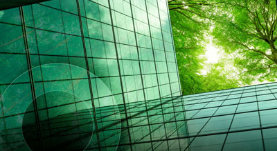 A modern office building green-tinted glass windows, capturing the reflection of lush green trees and the sky