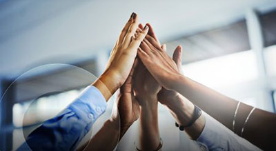 A close up of a group of employees high fiving