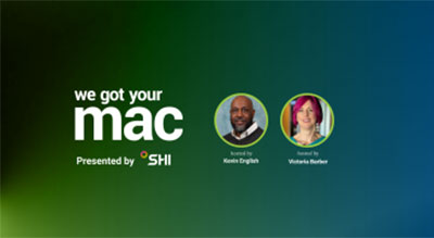 A green and blue gradient background and the text “we got your mac” in white, along with two profile pictures