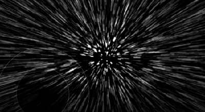 A black and white abstract image depicting a burst of lines emanating from a central point, creating an illusion of rapid movement or explosion in space
