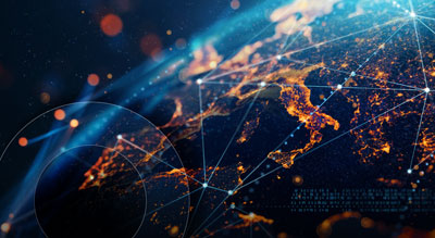 Earth covered in holographic UI indicating networking