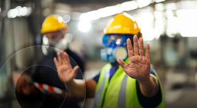 Two factory workers in safety gear hold their hands out to direct people