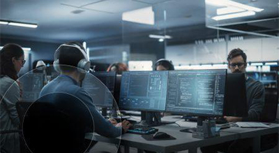 A group of individuals seated in front of computer monitors with code on the screens, wearing headsets, in a dimly lit office environment