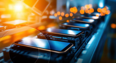 Multiple glossy smartphones moving along a conveyor belt
