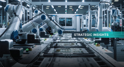 Robotic arms operate on an automated assembly line in a well-lit factory, conveying innovation. Overlay text reads Strategic Insights. Futuristic and efficient.