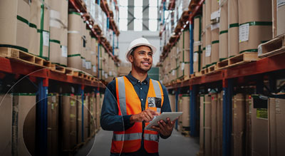 An employee wearing an orange vest checks inventory in a warehouse