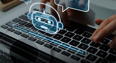 Hands typing on a laptop keyboard with an illustrated chatbot interface hovering above, representing AI-driven virtual assistance