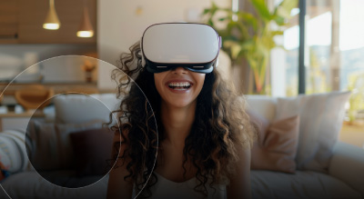 A smiling woman with curly hair wearing virtual reality headset, seated on a couch in a bright living room
