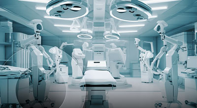 A modern, well-lit operating room equipped with advanced robotic surgical arms and overhead lighting