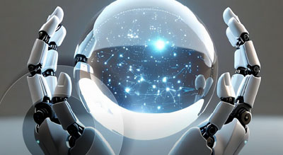 Robotic hands holding a holographic orb