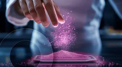 A person's hand sprinkles pink dust in a pile over a smart device