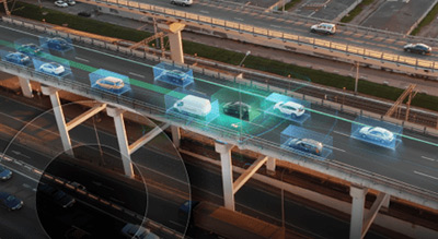 An aerial view of a highway with ai highlighting vehicles