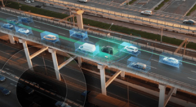 An aerial view of a highway with cars, showcasing motion and speed through enhanced graphics