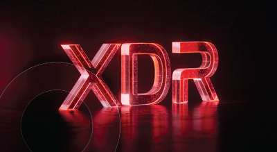 XDR logo illuminated in red light, showcasing a modern and sleek design.