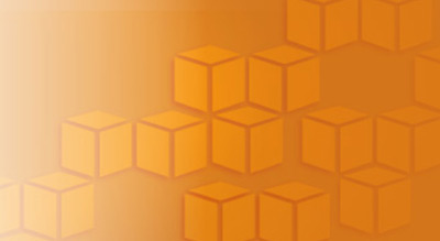 An array of orange cubes of varying sizes on a gradient orange and yellow background