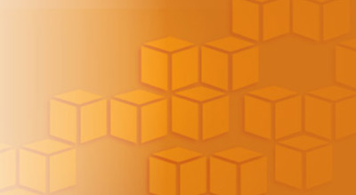 An array of orange cubes of varying sizes on a gradient orange and yellow background.