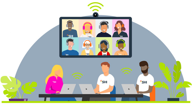 An illustration of a virtual meeting between multiple individuals on a computer screen and three SHI employees working on laptops, all connected via Wi-Fi