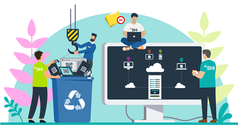 An illustration depicting the process of electronic waste recycling and data security, with people disposing of, erasing, and recycling old electronic devices