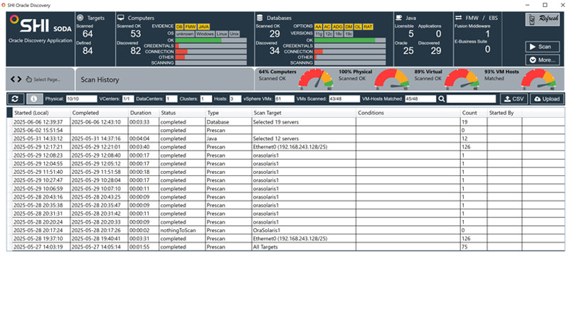 A database management application with various database instances, their status, and system information