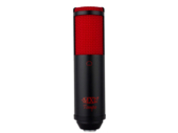 USB MIC WITH HEADPHONE JACK.  BLACK BODY WITH RED GRILL.
