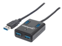 Manhattan USB-A 4-Port Hub, 4x USB-A Ports, 5 Gbps (USB 3.2 Gen1 aka USB 3.0), Bus Power, Fast charging x1 Port up to 0.9A or x4 Ports with power jack (not included), SuperSpeed USB, Black, Three Year Warranty, Blister