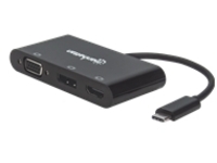 Manhattan USB-C to Multiport A/V Converter Cable, 15cm, Male to Females, MST Hub, USB-C to HDMI, DP and VGA; Mirror, Extended and Video-Wall Modes, Supported up to 4K@30Hz (HDMI &amp; DP), 1080p (VGA); Black, Blister