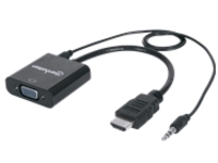 Manhattan HDMI to VGA (with Audio) Converter cable, 1080p, 30cm, Male to Female, Micro-USB Power Input Port for additional power if needed, Black, Three Year Warranty, Blister