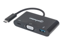 Manhattan USB-C 3-Port Hub/Dock, USB-C to USB-A, USB-C and VGA, 5 Gbps (USB 3.2 Gen1 aka USB 3.0), 1080p@60Hz, Power Delivery to USB-C Port (60W), Cable 8cm, Black, Lifetime Warranty, Blister