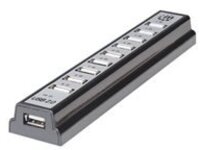 Manhattan USB-A 10-Port Desktop Hub, 10x USB-A Ports, 480 Mbps (USB 2.0), Bus or AC Power, Hi-Speed USB, Black, Three Year Warranty, Boxed (With Euro 2-pin plug)