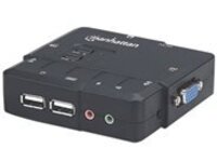 Manhattan KVM Switch Compact 2-Port, 2x USB-A, Cables included, Audio Support, Control 2x computers from one pc/mouse/screen, Black, Boxed