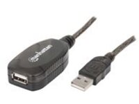 Manhattan USB-A to USB-A Extension Cable, 20m, Male to Female, Active, 480 Mbps (USB 2.0), Daisy-Chainable, Built In Repeater, Hi-Speed USB, Black, Three Year Warranty, Boxed