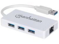 Manhattan USB-A 3-Port Hub with Gigabit Ethernet Adapter, 3x USB-A Ports, 5 Gbps (USB 3.2 Gen1 aka USB 3.0), 1x Ethernet 10/100/1000Mbps network, RJ45, SuperSpeed USB, White, Three Year Warranty, Blister