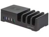 Manhattan Charging Station with Wireless Charging Pad (detachable), 1x Wireless, 1x USB-C and 4x USB-A Ports, Wireless Output: 2A, USB-C Output: 3A, USB-A Outputs: 1x 3A and 3x 2.4A max, Cable 1m, Black, Box