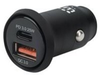 Manhattan Car/Auto Mobile Device Charger, USB-C &amp; USB-A Outputs, USB-C Power Delivery up to 25W, USB-A Charging up to 18W (QC 3.0), Simultaneous Charging, Overload/Overcurrent/Overheat Protection, Black, Phone Charger, Three Year Warranty, Blister