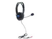 Manhattan Stereo Headset (Clearance Pricing), Lightweight, adjustable microphone, in-line volume control, padded cloth ear cushions, two 3.5mm jack input plugs, cable 2m, Black, 3 year warranty, Box