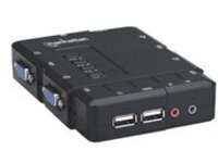 Manhattan KVM Switch Compact 4-Port, 4x USB-A, Cables included, Audio Support, Control 4x computers from one pc/mouse/screen, Black, Boxed
