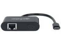 Manhattan USB-C to Gigabit Network and USB-C (inc Power Delivery), 19.5cm, Black, Ethernet RJ45 10/100/1000 Mbps, Power Delivery to USB-C Port (60W), Male to Females, Lifetime Warranty, Retail Box