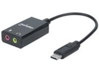 Manhattan USB-C Audio/Sound Adapter, USB-C to 3.5mm Mic-in and Audio-Out ports, 480 Mbps (USB 2.0), supports 2.1 stereo, Cable 11cm, Black, Box