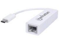 Manhattan USB-C to Gigabit (10/100/1000 Mbps) Network Adapter, supports up to 2 Gbps full-duplex transfer speed, RJ45, White, Blister