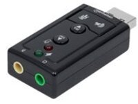 Manhattan USB-A Sound Adapter, USB-A to 3.5mm Mic-in and Audio-Out ports, 480 Mbps (USB 2.0), 7.1-Channel Virtual 3D Surround Sound, Internal Amplifier and Volume Controls, Hi-Speed USB, Three Year Warranty, Box