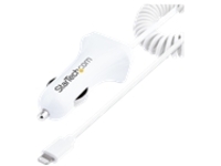 StarTech.com Lightning Car Charger with 1m Coiled Lightning Cable, 12W, White, 2 Port USB Car Charger Adapter for Phones and Tablets, In Car Apple iPhone/iPad Charger w/ Built-in Cord