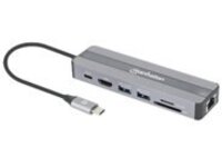 Manhattan USB-C Dock/Hub with Card Reader, Ports (x5): Ethernet, HDMI, USB-A (x2) and USB-C, With Power Delivery (87W) to USB-C Port (Note add USB-C wall charger and USB-C cable needed), All Ports can be used at the same time