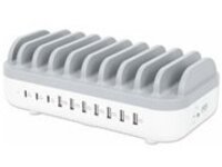 Manhattan Charging Station, 10x Ports: 3x USB-C (up to 18W PD) and 7x USB-A (up to 12W), 120W Total Output, White/Grey, Three Year Warranty, Box