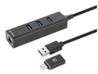 Manhattan USB-C & USB-A Combo Dock/Hub, Ports (4): Ethernet and USB-A (x3), 5 Gbps (USB 3.2 Gen1 aka USB 3.0), External Power Supply Not Needed, USB-A Male with Attachable USB-C Male Adapter, SuperSpeed USB, Black, Three Year Warranty, Retail Box