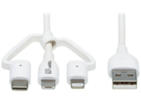 Eaton Tripp Lite Series Safe-IT Universal USB-A to Lightning, USB Micro-B and USB-C Sync/Charge Antibacterial Cable (M/3xM), MFi Certified, White, 4 ft. (1.2 m)